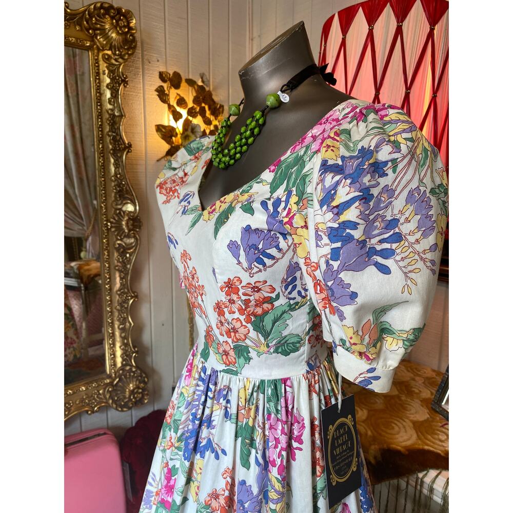 vintage 1980s laura ashley floral cotton dress fit and flare puff sleeves 50s xs - Picture 7 of 11
